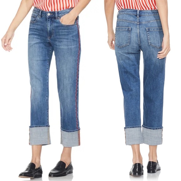 VINCE CAMUTO Cuffed Straight Leg Jeans With Racer Red Stripe & Pockets Blue Sz 4 - Picture 1 of 11